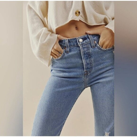 Levi’s Button Fly Wedgie Jeans 25 stretch Straight leg Distressed denim blue - Picture 7 of 14